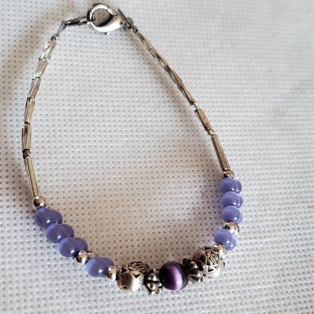 7" Silver Tone Purple Cat's Eye Layered Bracelet